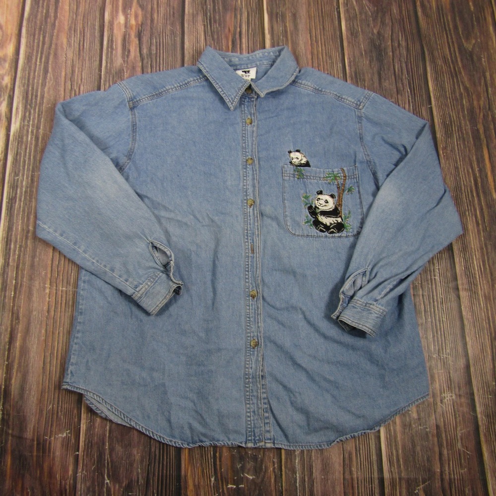 WWF Womens Plus 18W/20W Blue Denim Button Up Shirt Nature Panda Embroidered
